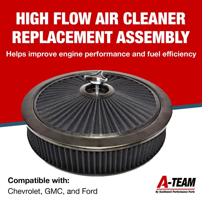 A-Team Performance High Flow Throttle Body Air Intake Filter - 14 in x 3 in, Round, Black - Carburetor Air Filter Kit - Washable & Reusable Design - Compatible with Chevrolet, GMC & Ford Models - Image 2